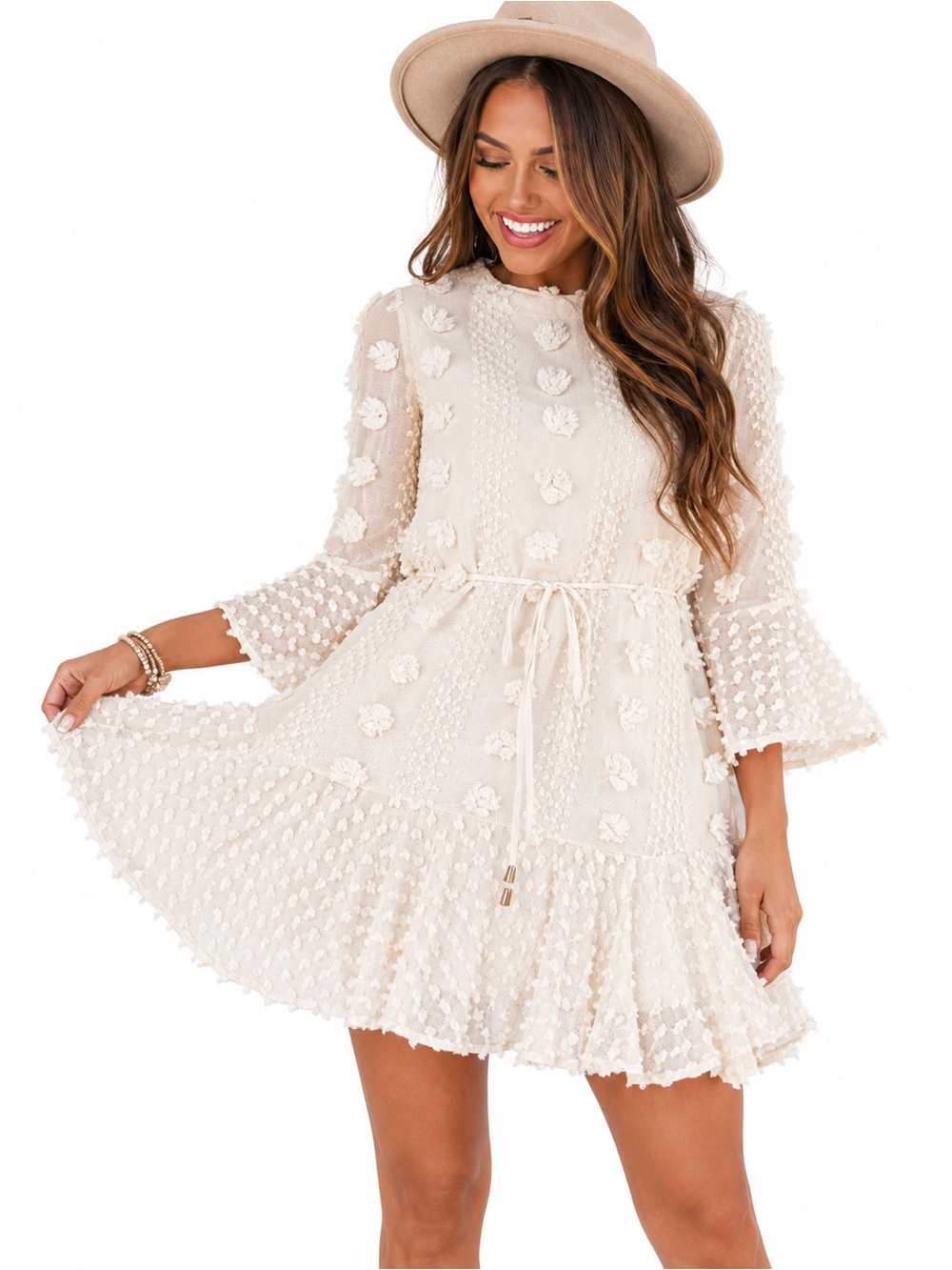 Entro Size Medium Elegant Cream Textured Boutique Dress